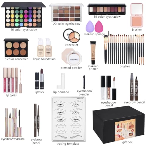 Complete Make-up Package for Ladies: All-in-One Set with Eyeshadow, Liquid Basis, Unfastened Powder, Eyebrow Pencil, and 4-Coloration Lip Gloss