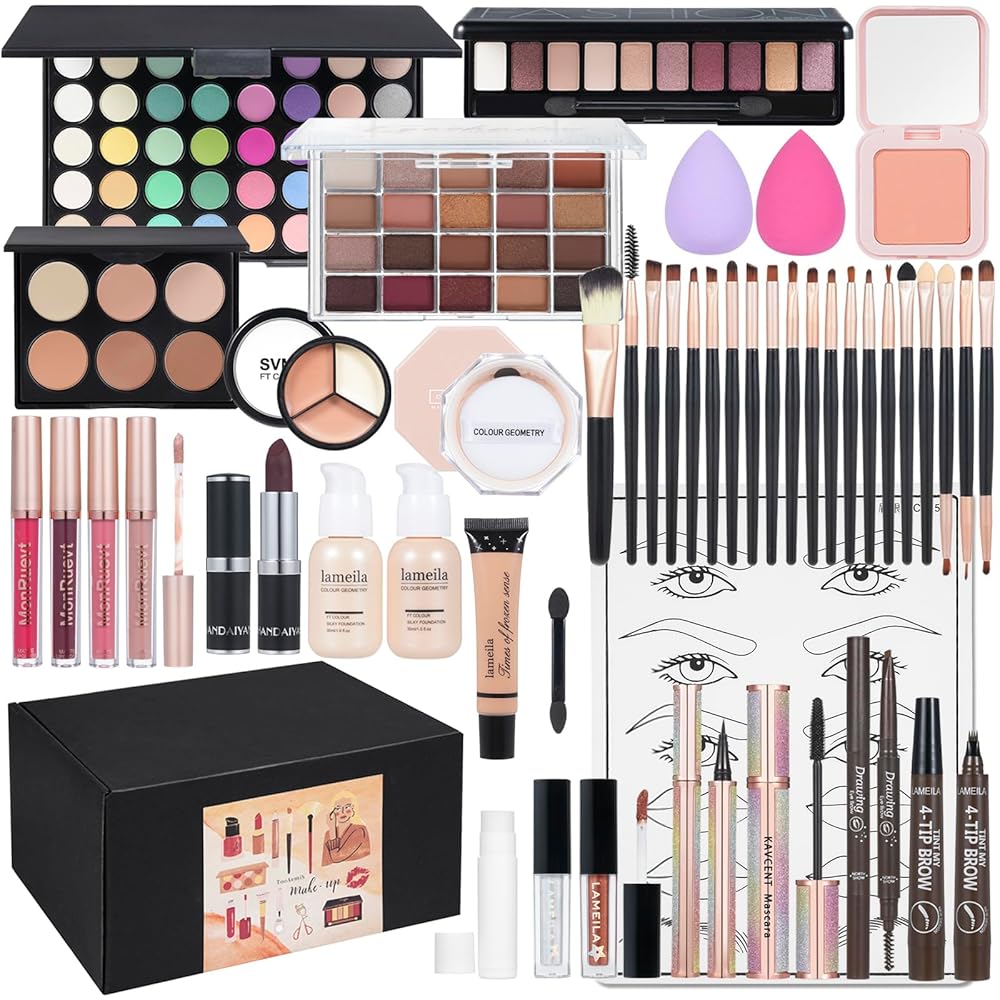 Complete Make-up Package for Ladies: All-in-One Set with Eyeshadow, Liquid Basis, Unfastened Powder, Eyebrow Pencil, and 4-Coloration Lip Gloss