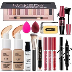 Complete Make-up Set for Ladies: 12-Colour Eyeshadow, Basis & Primer, Lipsticks, Eyeliner, Mascara, Contour Stick, Forehead Cleaning soap, Make-up Brushes & Sponge – Good Reward for…